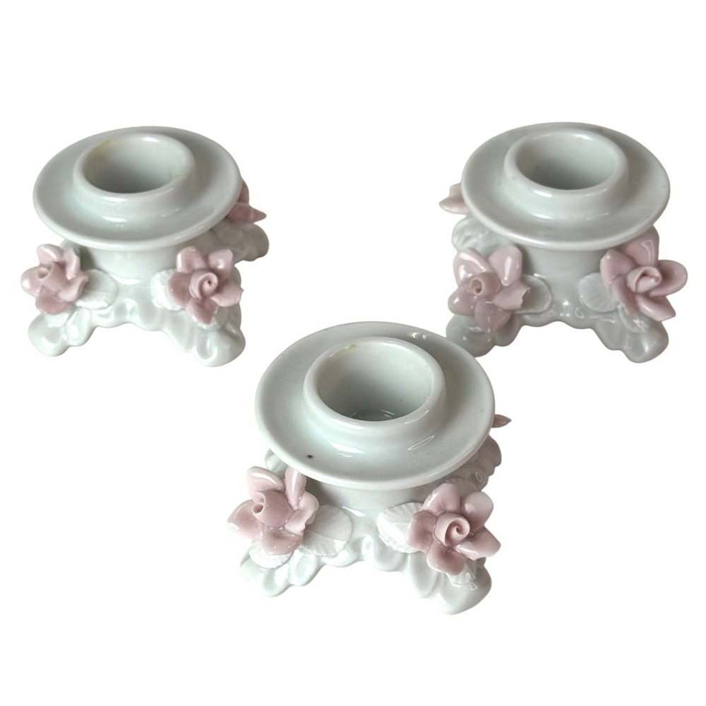 Alka Kunst Dresden Porcelain Rose Candlestick Holders Set of 3 Pink White VTG